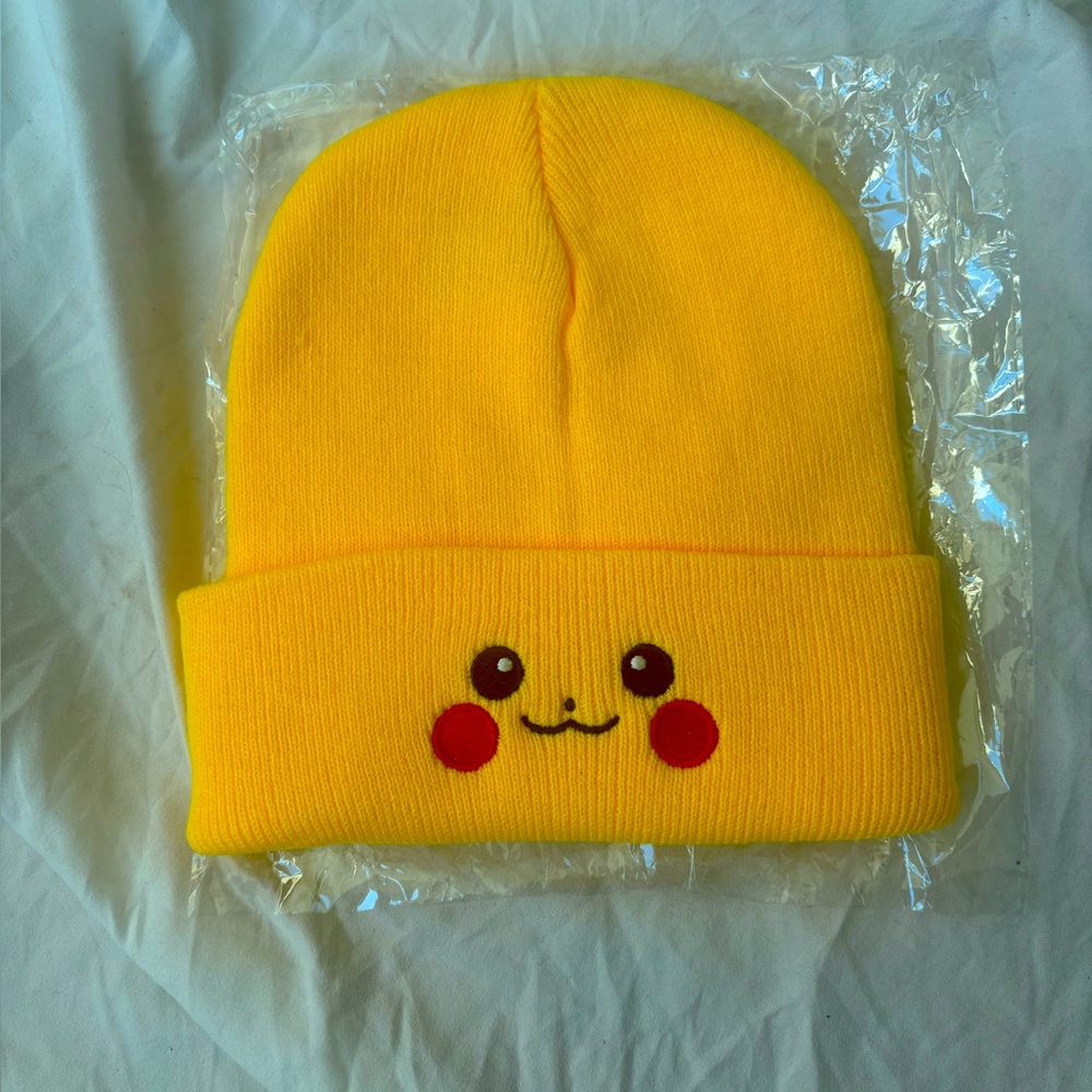 Pikachu Pokemon Yellow Beanie with Cute Face Design